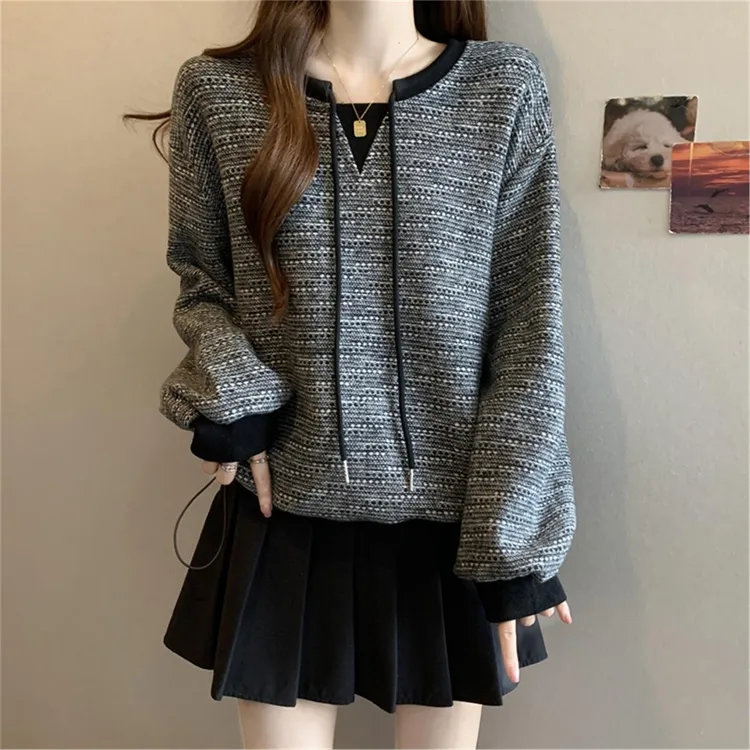 设计感撞色系带圆领长袖卫衣女秋冬2025新款大码胖mm宽松套头上衣