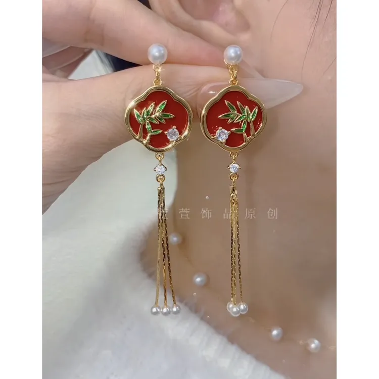 铜合金无非金属耳饰 国风优雅气质流苏时尚复古红色耳环0485