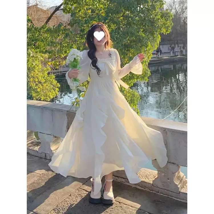 不褪色大码连衣裙泡泡袖长袖常规荷叶边韩版法式高腰
