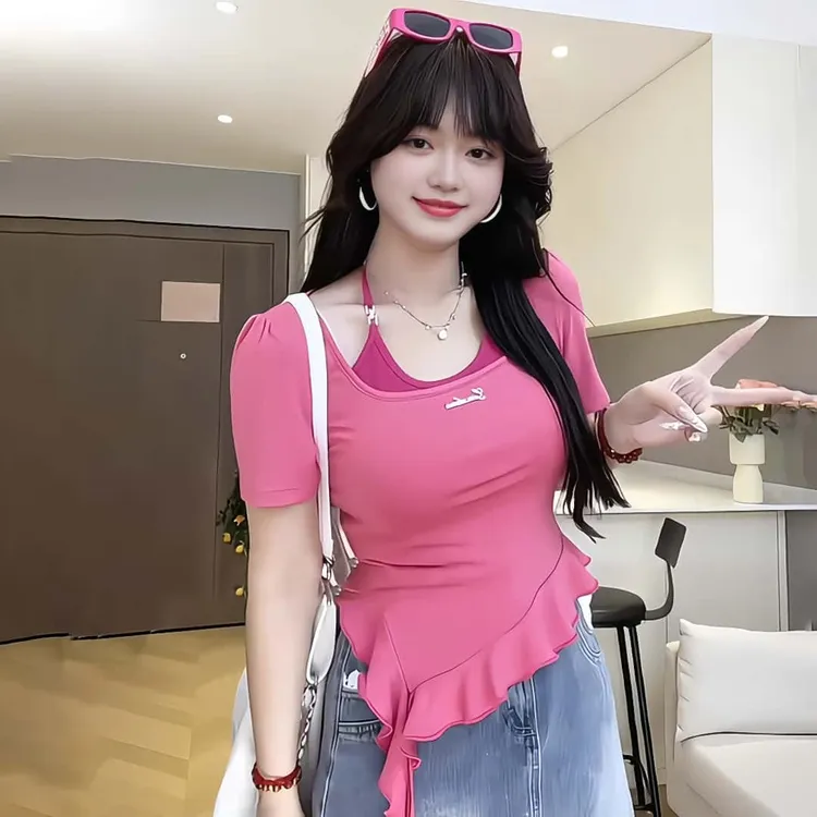大码胖mm美式辣妹挂脖假两件短袖T恤女夏季不规则设计感飘带上衣