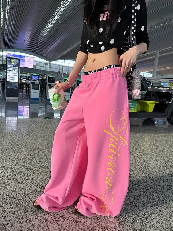 美式星星字母印花阔腿休闲卫裤女宽松垂感显瘦街舞运动阔腿拖地裤