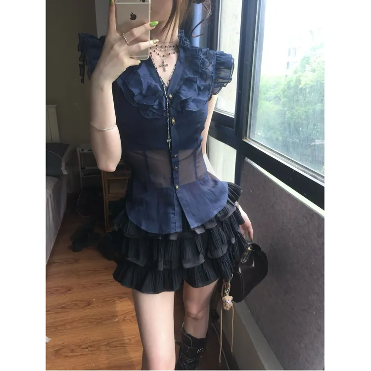 荷叶边法式v领小飞袖雪纺衬衫女夏季修身收腰衬衣设计感气质上衣