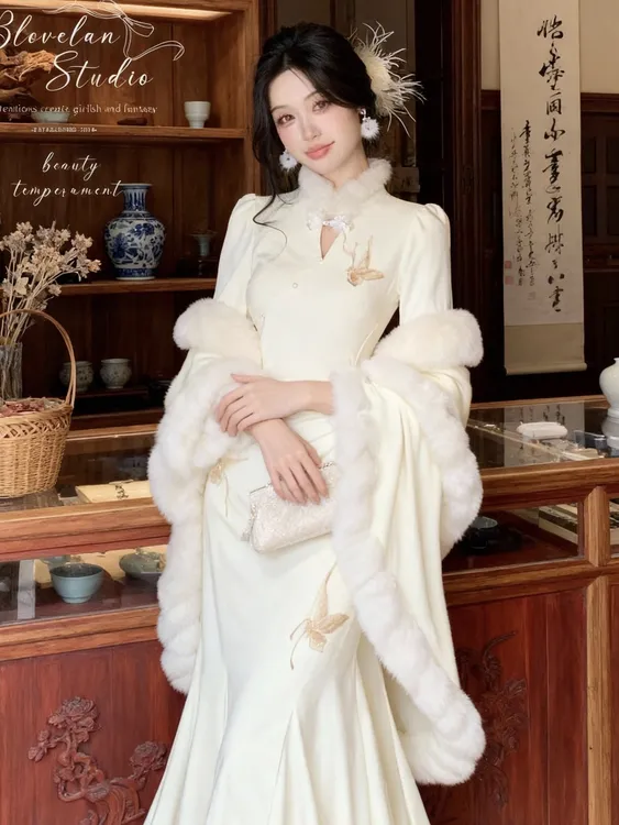 雾岛-白羽玲珑新中式连衣裙气质国风鱼尾旗袍冬季