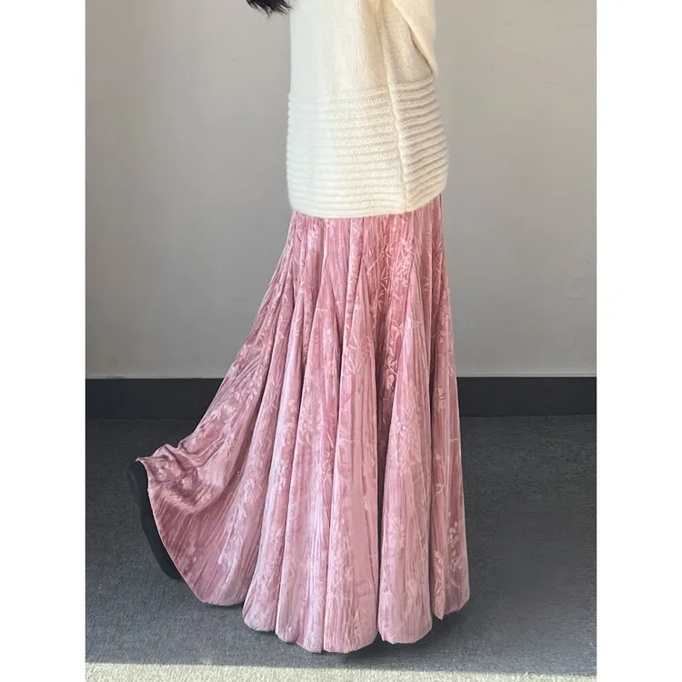 丝绒裙鱼尾裙长款春秋冬国风半身裙大裙摆印花复古女粉色长裙子女