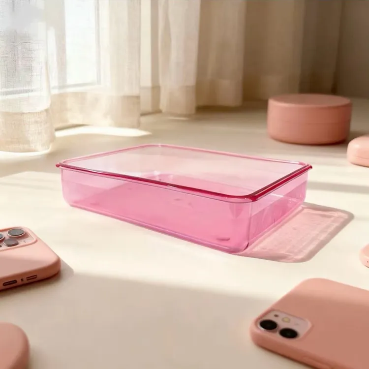 樱花粉透明款少女风桌面收纳盒翻盖式防尘盒子文具储物盒家用