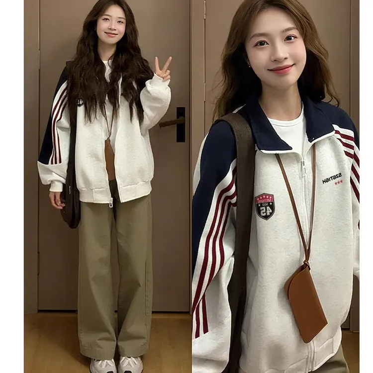 加绒加厚条纹撞色拉链卫衣外套女灰色宽松长袖棒球服减龄时尚开衫