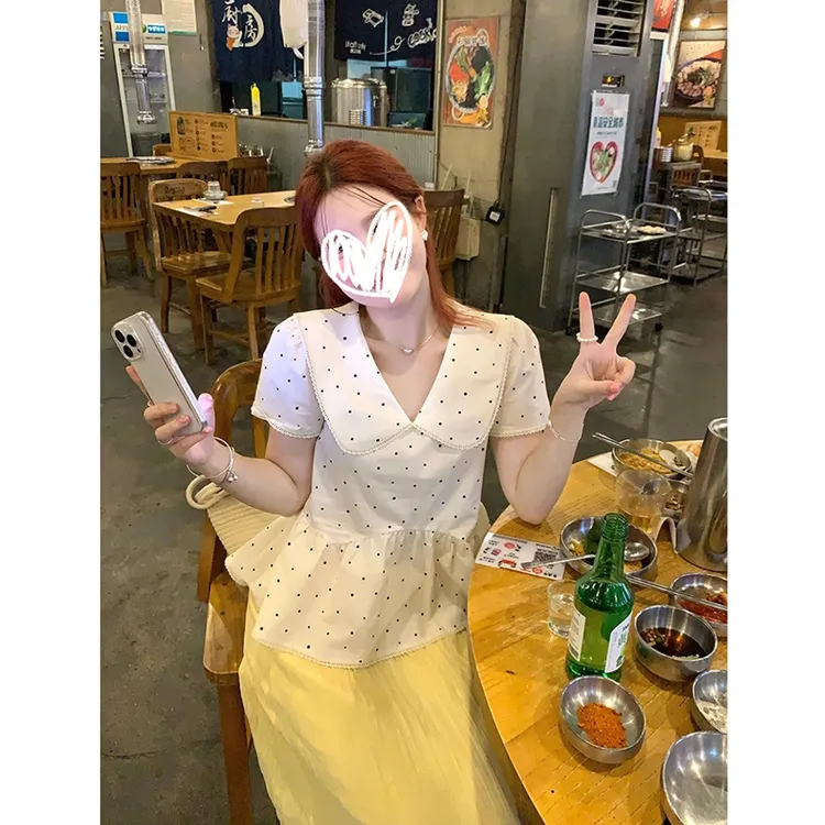 【夏至未至】韩系v领蕾丝拼接波点衬衫上衣韩系松紧腰半身裙套装