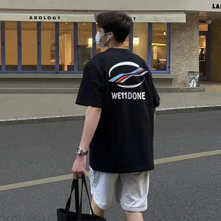 高级感舒适韩版波浪海浪字母印花男宽松高街潮牌短袖T恤