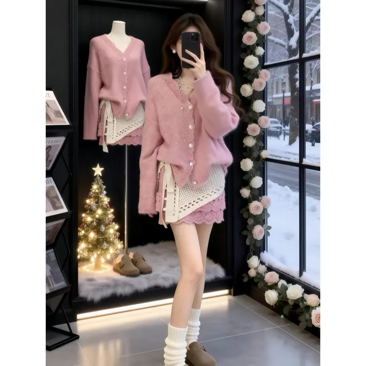 韩系高级感穿搭套装女洋气减龄粉色针织开衫内搭屁帘半身裙三件套