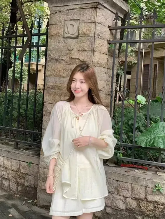 松弛感系带圆领防晒上衣百搭高腰短裤轻薄舒适三件套装 828#