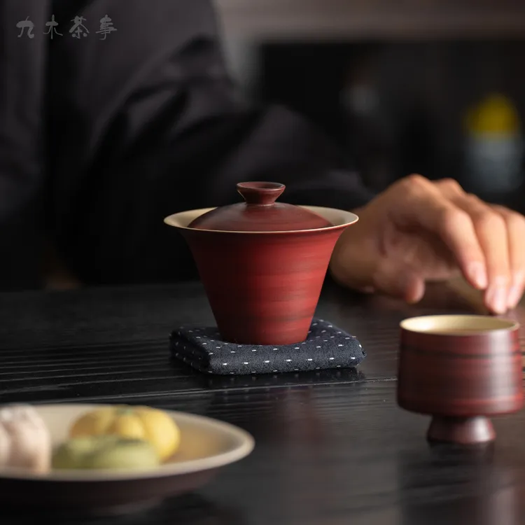 九木丨粉引山楂红盖碗 日式粗陶三才盖碗手工陶瓷防烫复古侘寂风