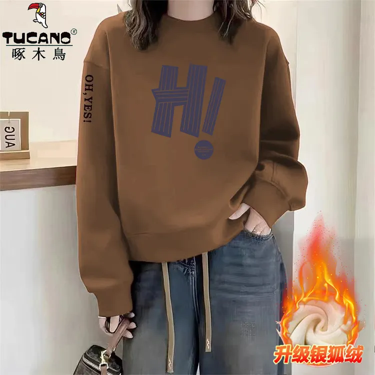 啄木鸟纯棉秋冬加绒加厚卫衣女圆领时髦内搭高级感百搭宽松上衣服