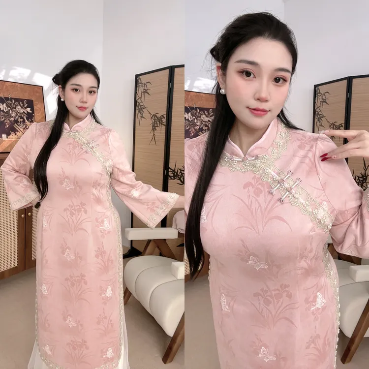 51991新中式改良旗袍粉色秋冬温柔气质显瘦复古高级珠链蕾丝旗袍