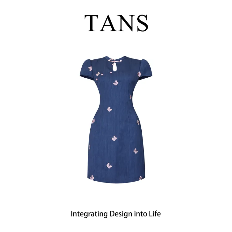 现货 TANS【夏季新品】新中式古法蝴蝶立领旗袍连衣裙复古气质短款
