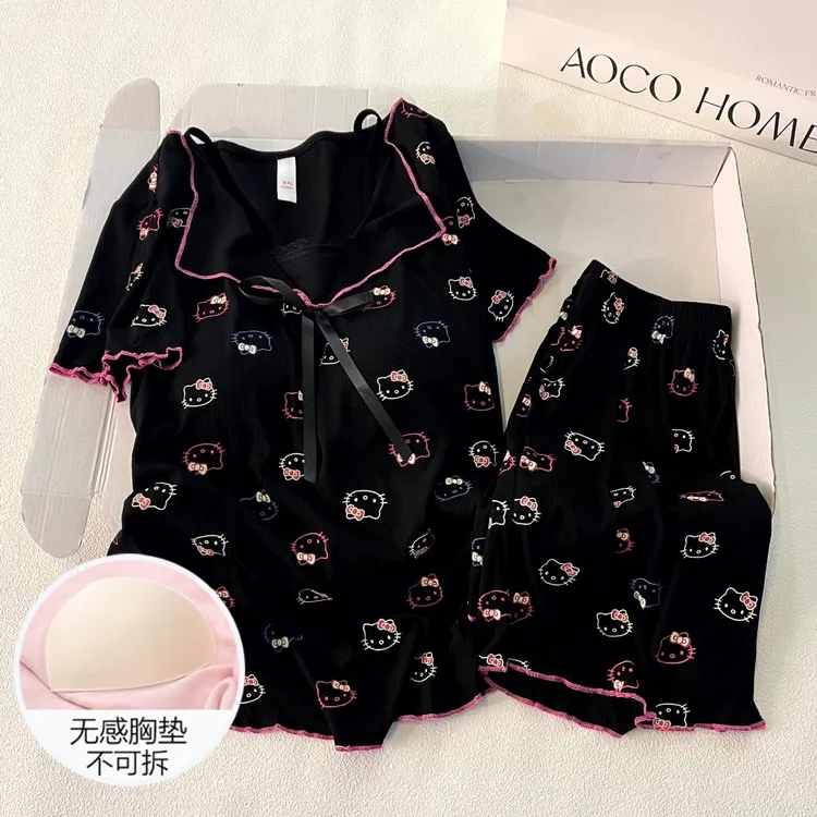 网红风睡衣女夏季短袖带胸垫2025新款大码休闲黑色kt猫套装家居服