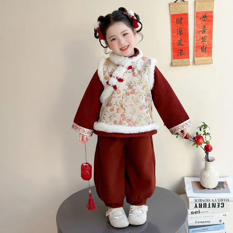 女童红色新中式拜年服套装冬季儿童加厚保暖唐装女宝宝中国风汉服