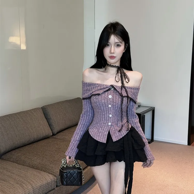 小香风紫色喇叭袖针织衫女秋冬纯欲一字肩挂脖上衣打底衫内搭毛衣