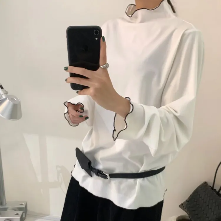 大7家韩系时尚宽松长袖木耳边纯色长袖T恤内搭打底内搭女打底衫