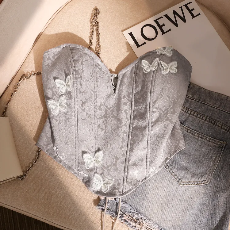 法式复古暗纹鱼骨胸衣女外穿高级感一字肩美背锁骨抹胸上衣夏季