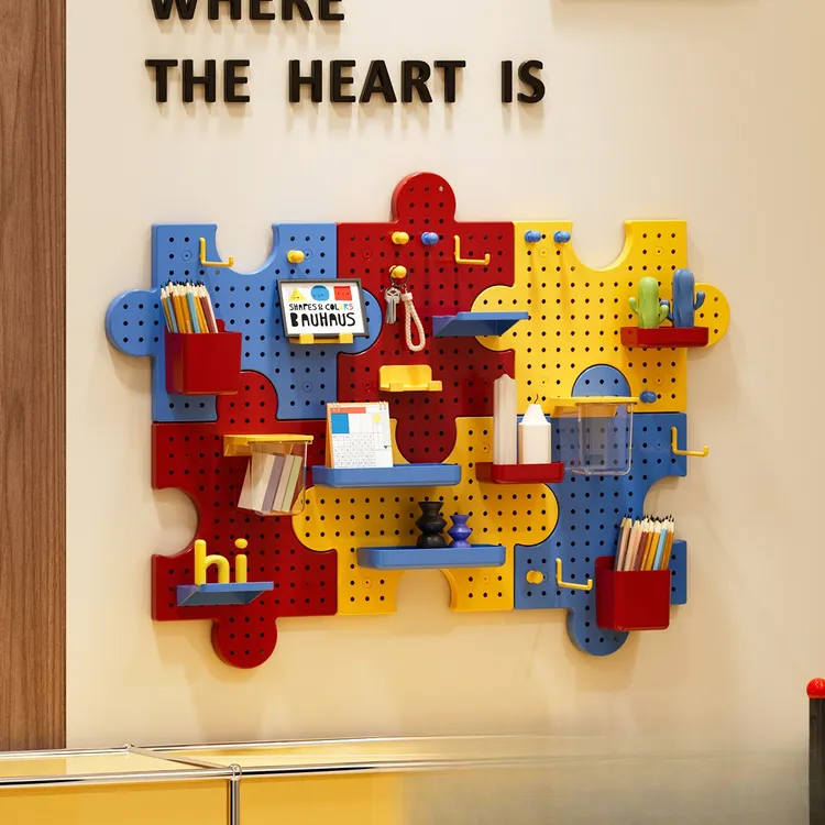 创意拼图洞洞板置物架子DIY墙上免打孔儿童书桌学习桌墙面收纳板