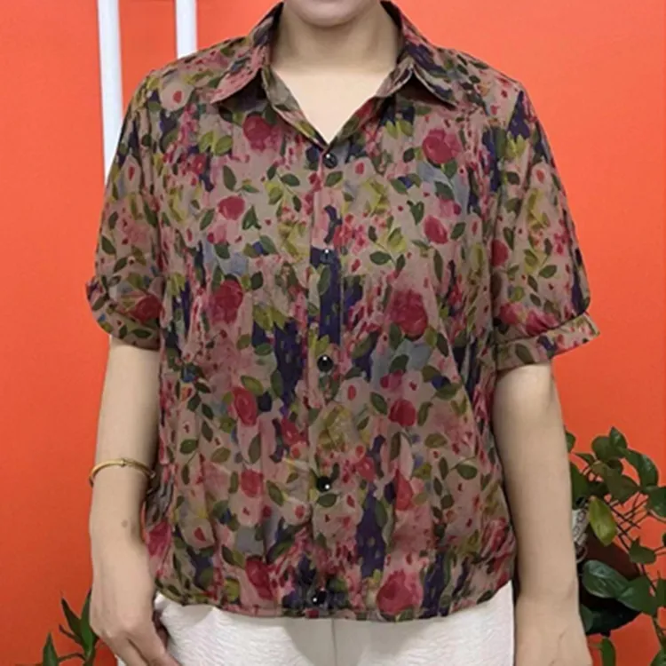 夏季新中式洋气减龄高档妈妈显瘦衬衫休闲通勤时尚印花女上衣衬衣