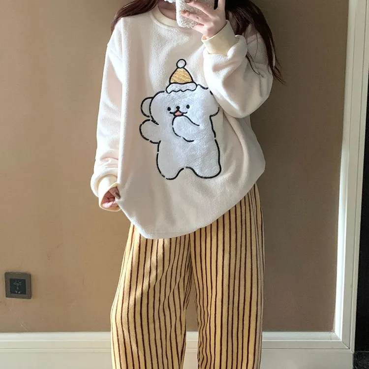 线条小狗秋冬新款米粒绒加绒加厚女款家居服可外穿睡衣女款秋冬