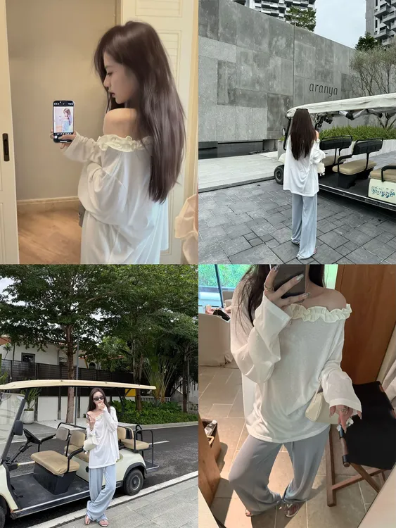 法式设计感时尚莱塞尔雪花麻感拼接慵懒随性花边露肩T恤女