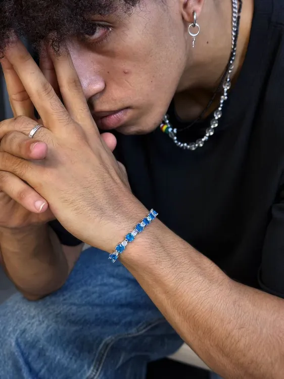 合金锆石手链 男潮欧美男嘻哈银色网球链高街嘻哈欧美蓝小众配饰