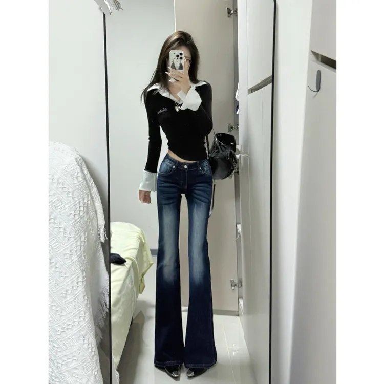 裤长112cm高个子加长低腰辣妹微喇叭牛仔裤女弹力修身显瘦马蹄裤