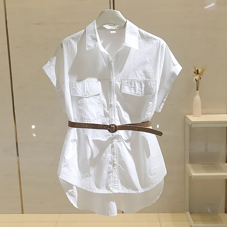简约通勤风白色短袖衬衫女2025夏季新款双口袋宽松显瘦遮肉衬衣潮