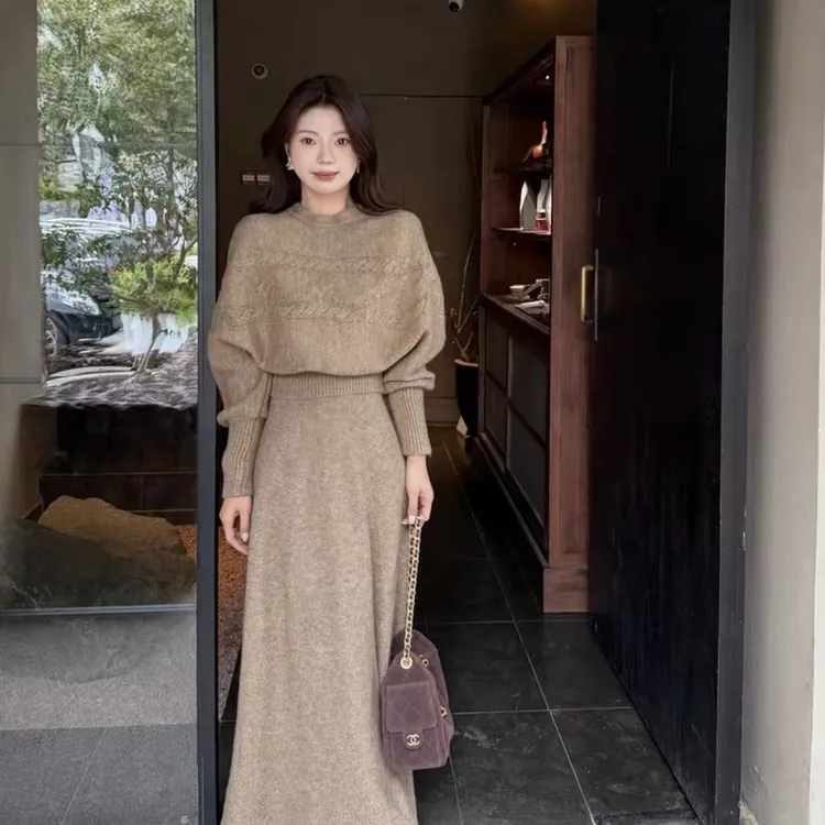 日式高领修身气质长袖裙子极简风针织都市风三件套装