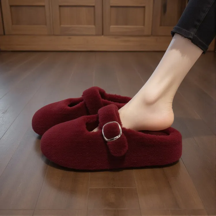 羊羔绒包头毛毛拖鞋女外穿2025新款秋冬红色厚底超软防滑孕妇棉拖