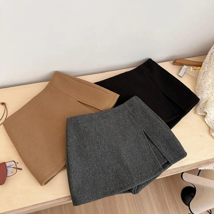 春季高级感双层开叉毛呢半身裙女气质百搭防走光短裙高腰a字裙子