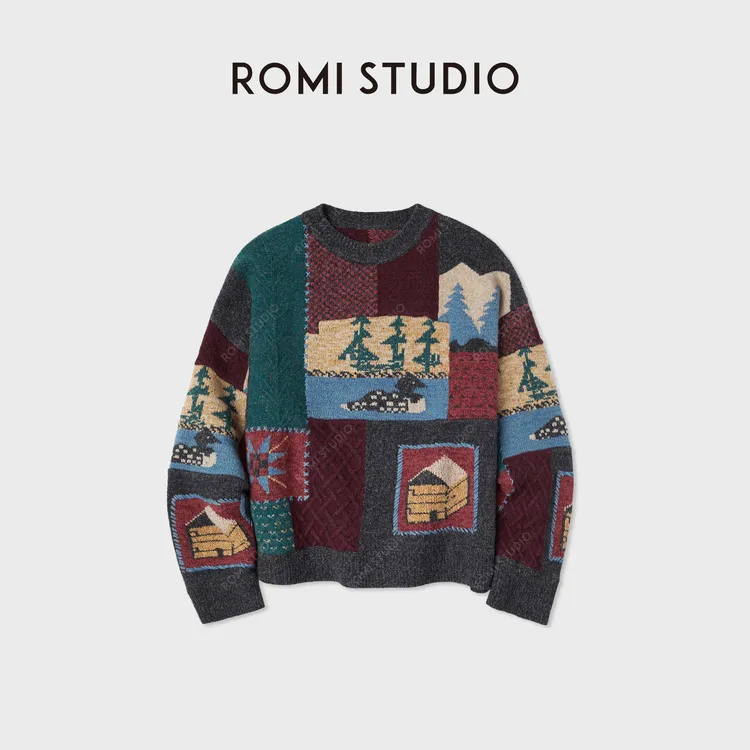 ROMI STUDIO”古着毛衣“绵羊毛复古提花手绣图案针织衫 RWCWST6243