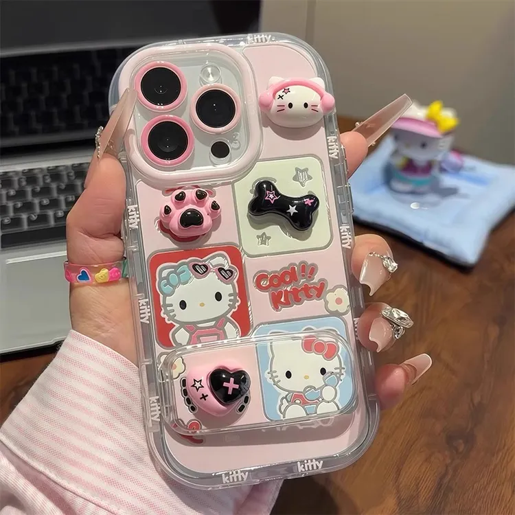 公仔羽纱适用苹果16promax手机壳镜面支架iphone15pro可爱卡通14