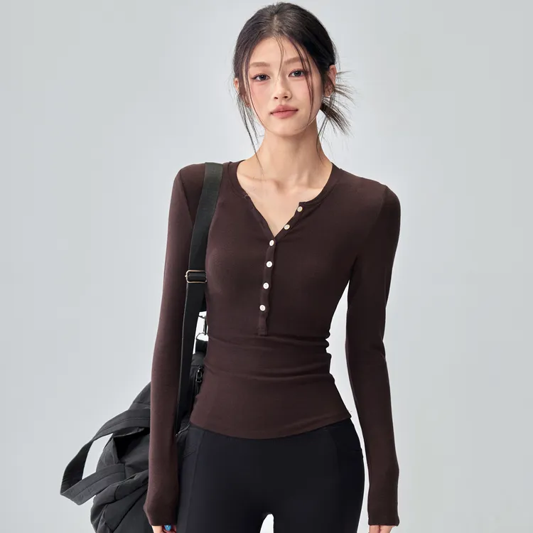 健身女孩2025新款瑜伽服长袖亨利领显瘦打底跑步训练速干运动上衣