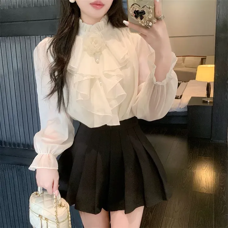 霖·【小韩系】小香风荷叶边花朵雪纺衬衫衬衣女秋冬法式上衣高级感