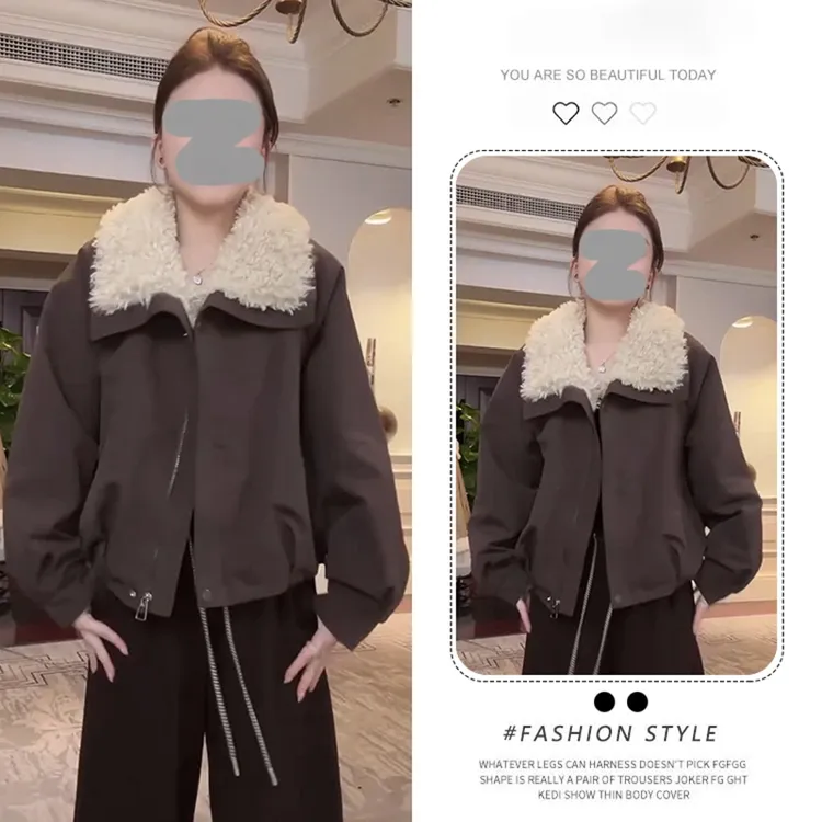 韩版拼接羊羔毛翻领加绒加厚短款外套女2025冬季新款休闲保暖棉衣