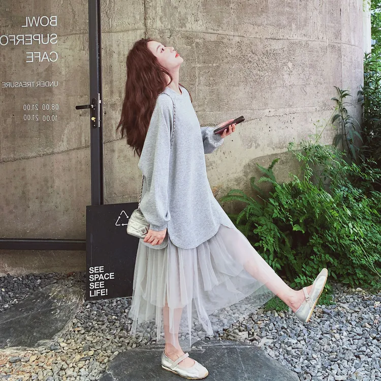 慵懒风休闲百搭灰色长裙女早秋新款洋气遮肉不规则假两件卫衣裙