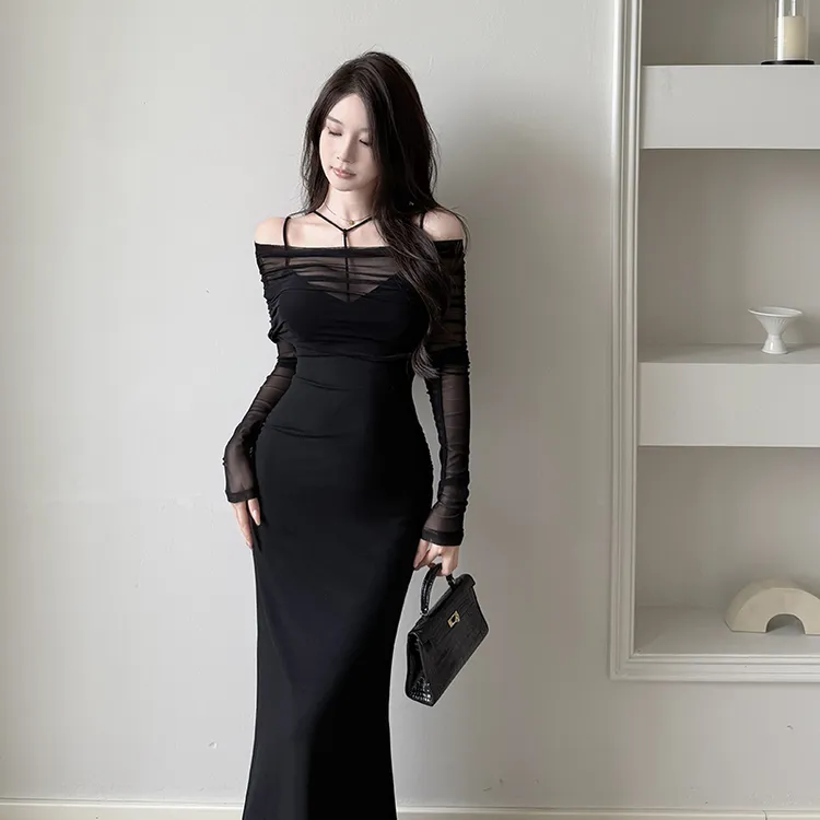 气质网纱吊带黑色连衣裙女2025春季新款性感收腰显瘦长裙两件套