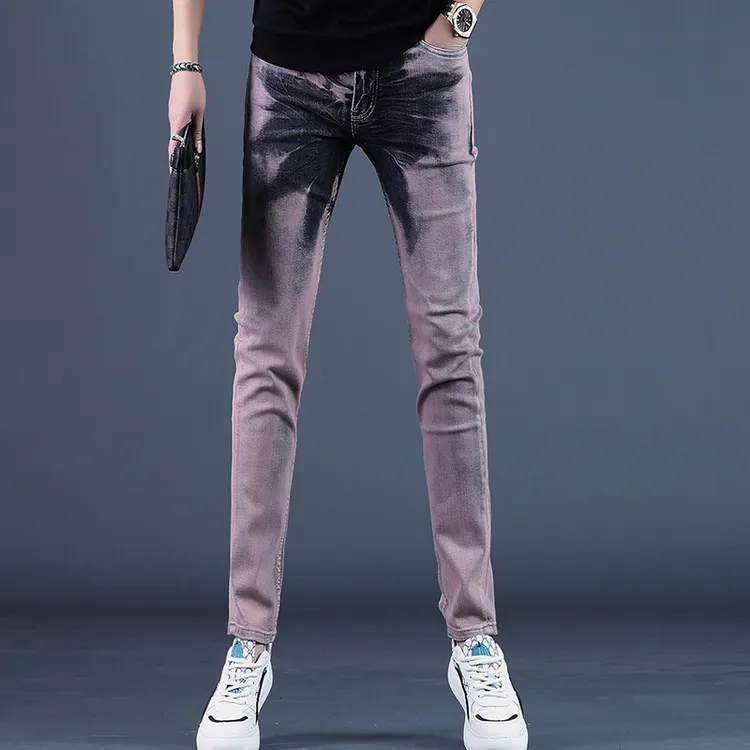 2025冬季新款高端不规则印花复古紫色牛仔裤男修身潮休闲小脚裤子