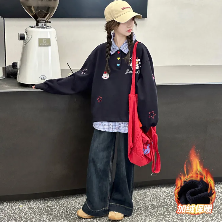 女童套装秋冬季加绒加厚10-15岁中大童时髦儿童卫衣牛仔裤两件套