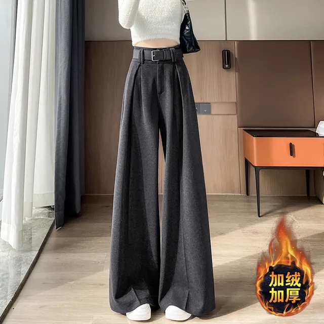 加绒加厚灰色毛呢阔腿裤女秋冬高级感垂感西装裤宽松休闲拖地裙裤