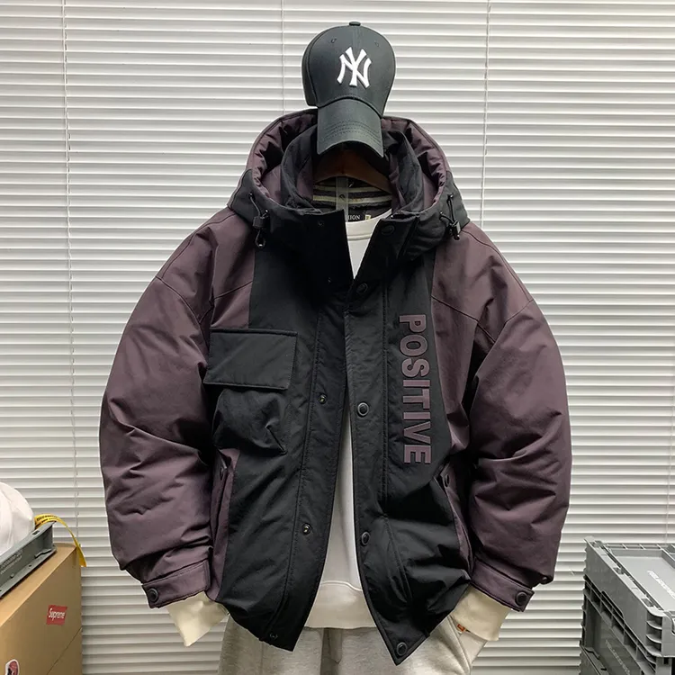 冬季新款拼接撞色工装潮牌连帽羽绒服外套男休闲宽松防风保暖夹克