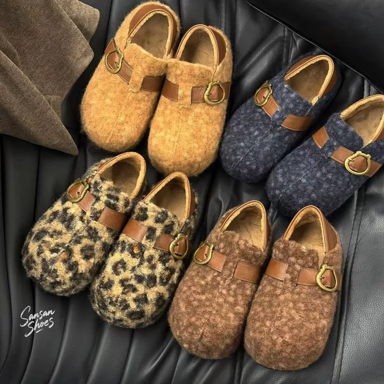 厚底增高纯色包头两穿勃肯鞋韩版豹纹棉鞋学院风秋冬休闲冬季棉鞋