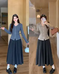 长2025秋季大码胖mm条纹开衫显瘦波点半身裙两件套68680+80382