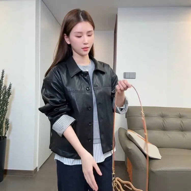 正版高级感拼接皮衣短外套女装2025秋季韩系休闲洋气减龄夹克上衣