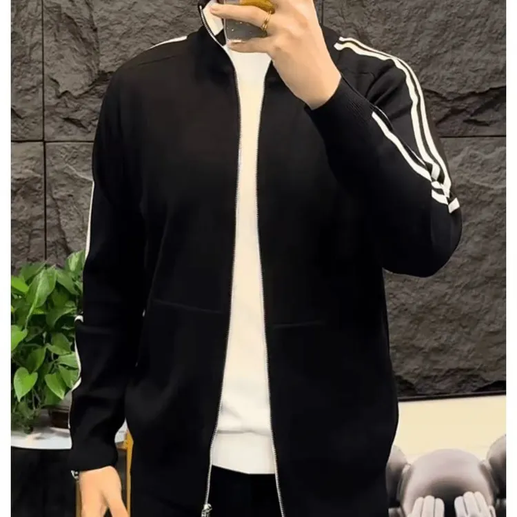 专柜品质秋冬季男士针织衫立领提花条纹休闲拉链开衫外套男装毛衣