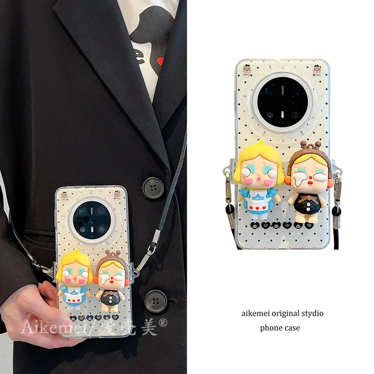 适用华为mate70pro+手机壳可爱卡通哭mate60pro+波点娃背夹斜挎绳