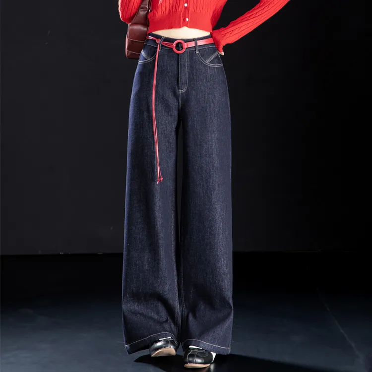 丹宁色牛仔裤女加绒加厚新款阔腿裤2025年流行高腰女裤显瘦直筒裤